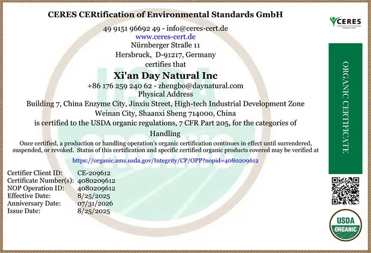 Day Natural Matcha Organic Certificate