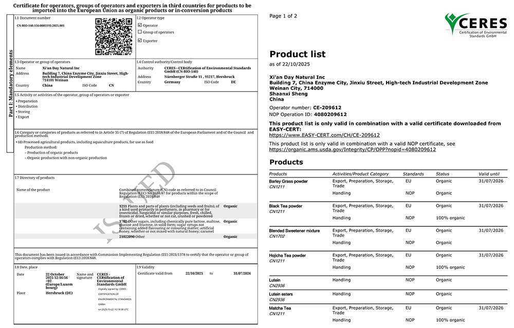 Day Natural Matcha EU Organic Certificate