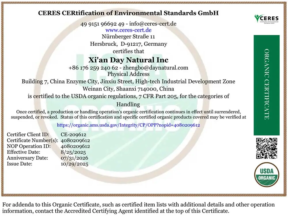 Day Natural Matcha Organic Certificate